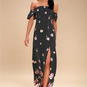 Lulus Dancing Daisies Black Floral Print Off the Shoulder Maxi Dress
